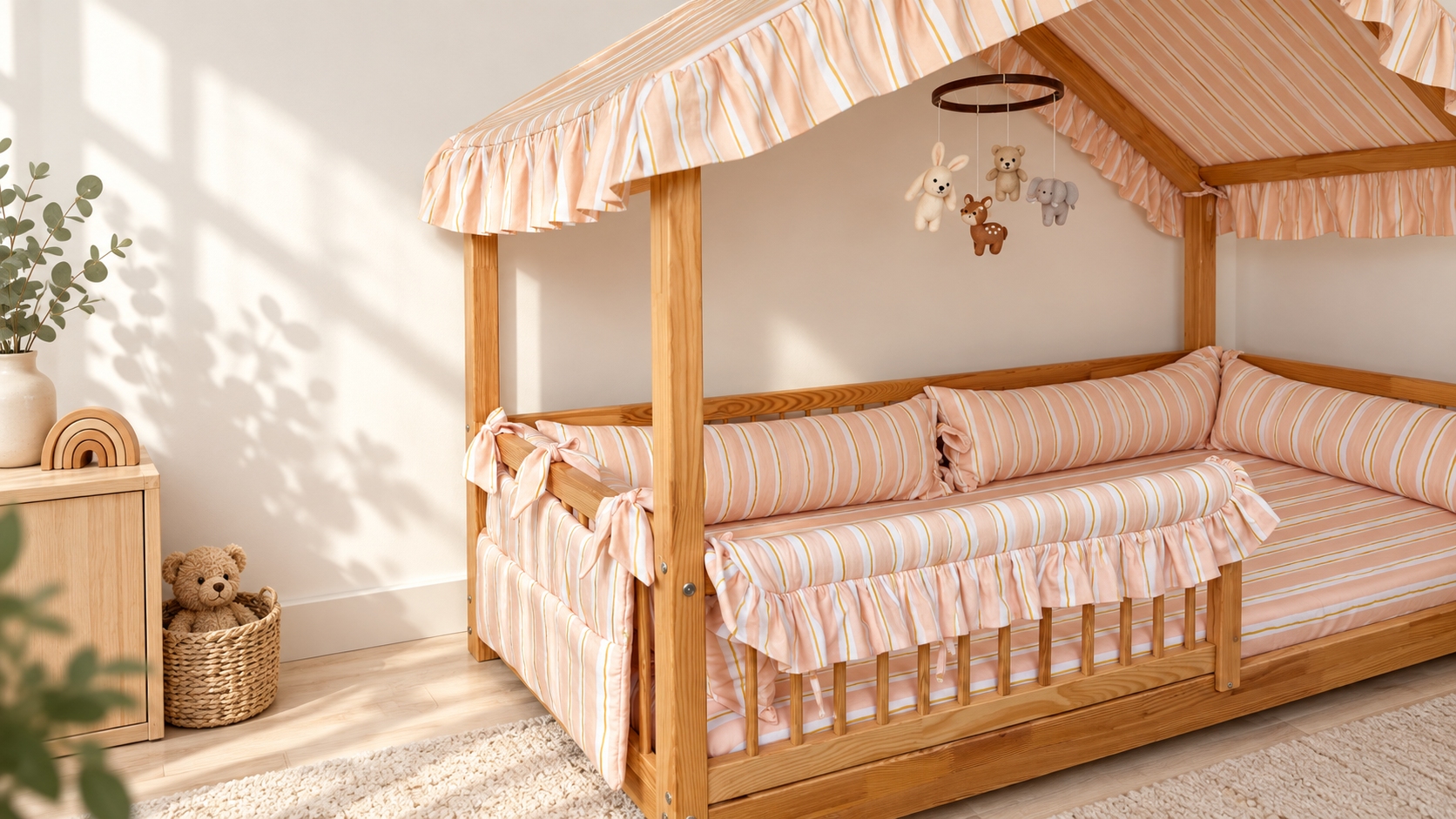 A wooden house bed with a muslin canopy, cushions, rail cover and fitted sheet in soft pastel stripes